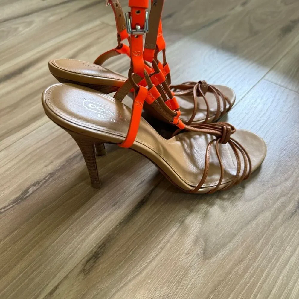 Coach Womens Fluorescent Orange Tan Lana Leather Strappy Heel Sandal Size 7.5